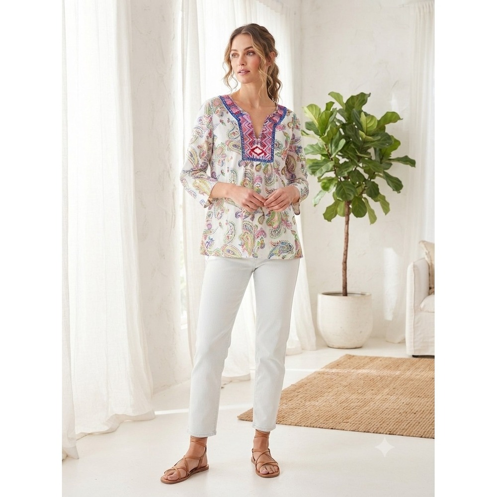 Magazine Embroidered Boho Peasant Top V neck Floral Tunic 3/4 Sleeve Paisley M
